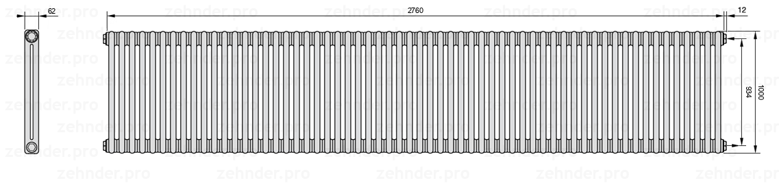 Схема (чертеж) Радиатор Zehnder Charleston 2100/60 №7610 Белый глянцевый RAL 9016